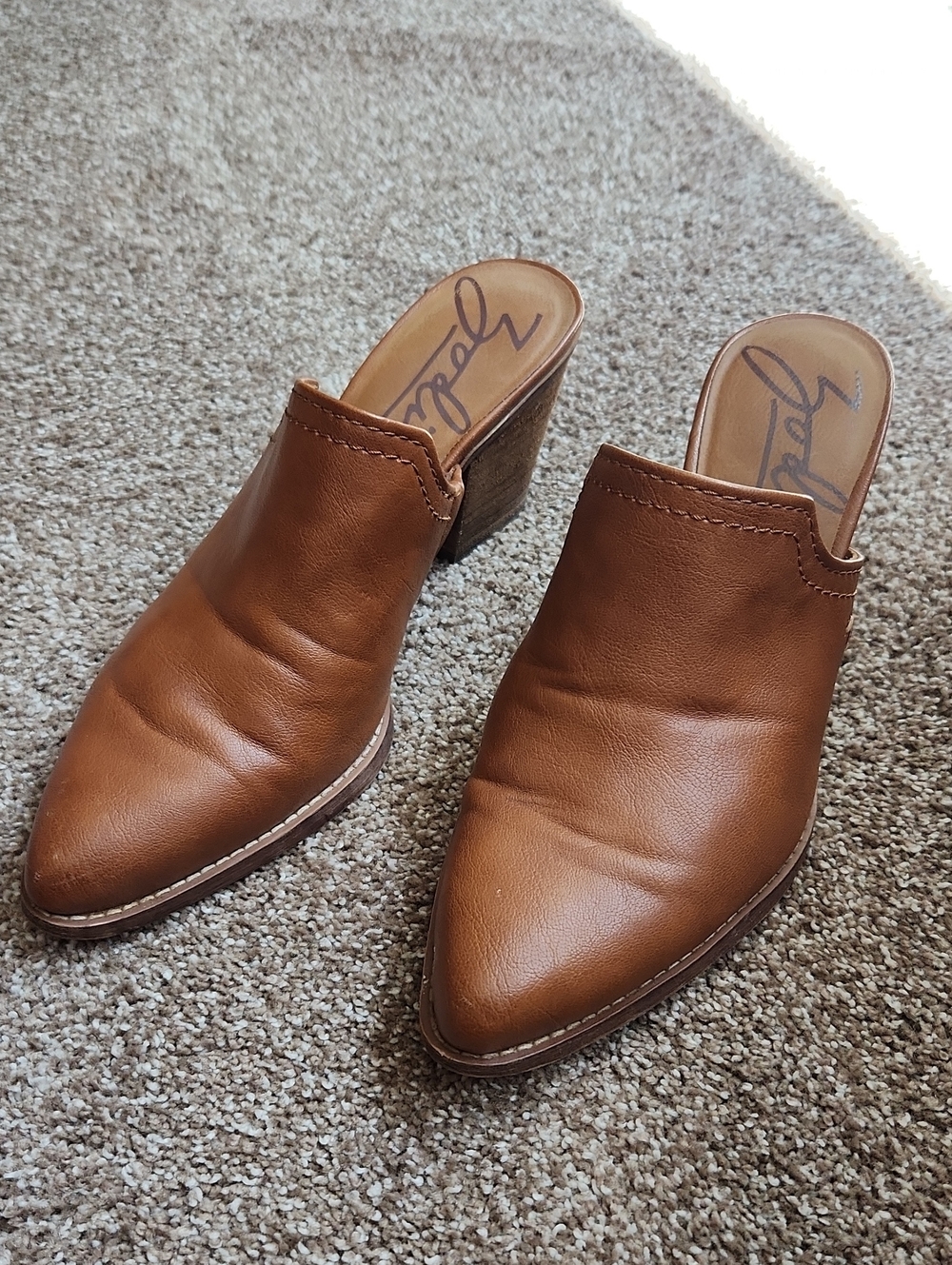 Zodiac Tan Leather Pointed Toe Mule Heels